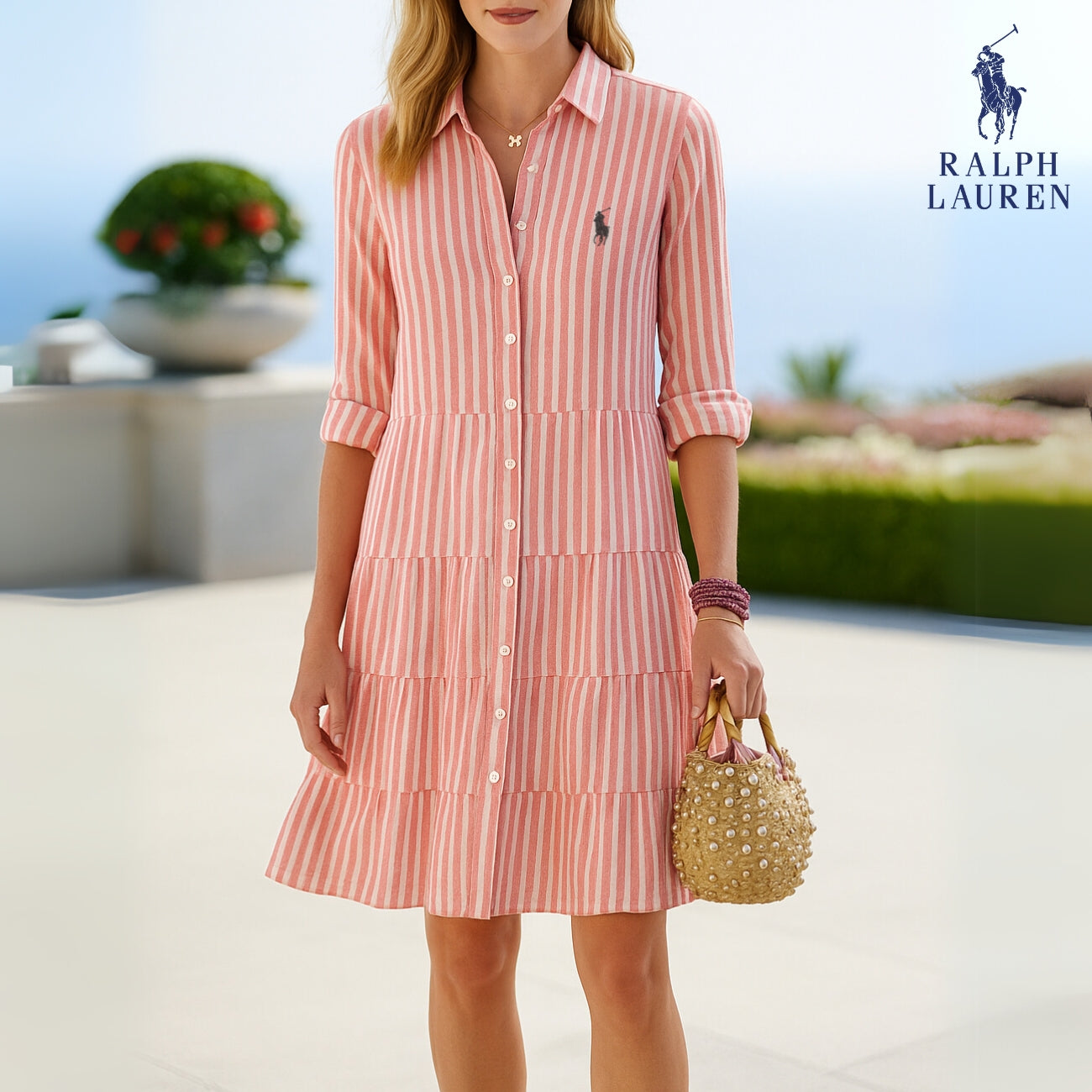 Gestreiftes Hemdblusenkleid + Kostenlose Sonnenhut
